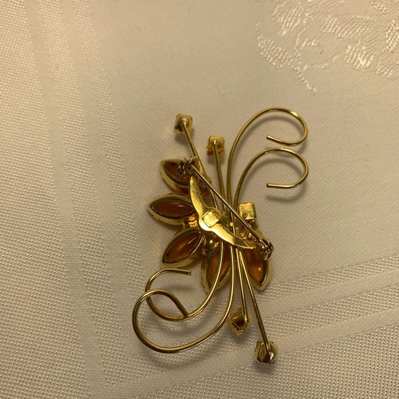 Vintage Amber Rhinestone Brooch Pin Gold Tone Large Marquise Small Square - Picture 9 of 12